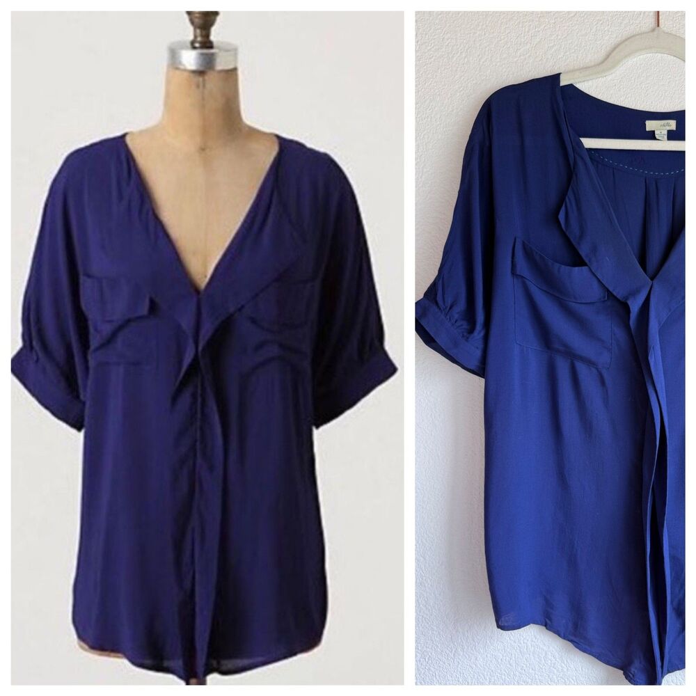 Anthropologie Odille Freya Short Sleeve Pocket Ruffle Blouse in Royal Blue Sz M